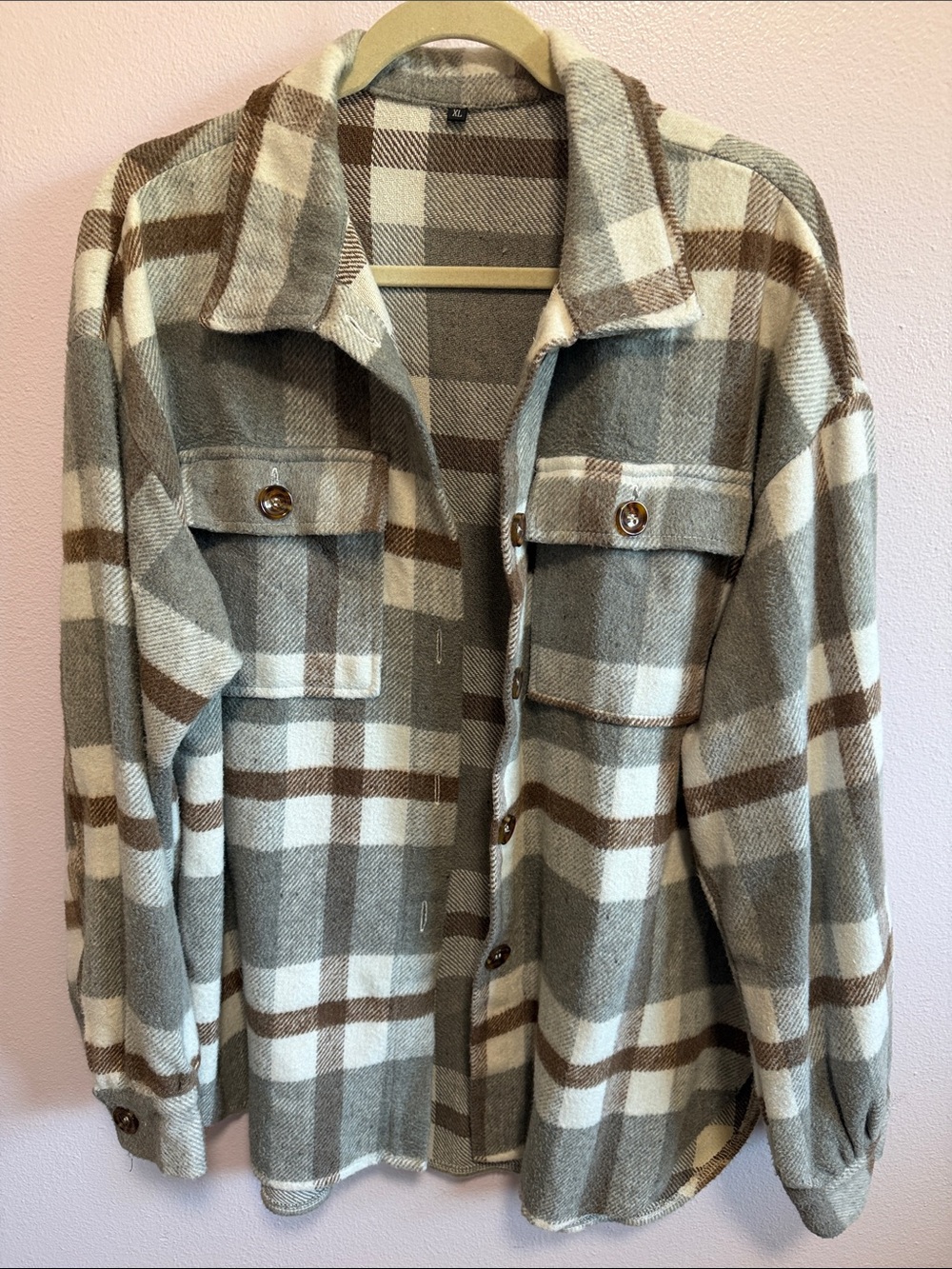 Women’s Plaid Button-Up Shacket in Gray, White & Brown